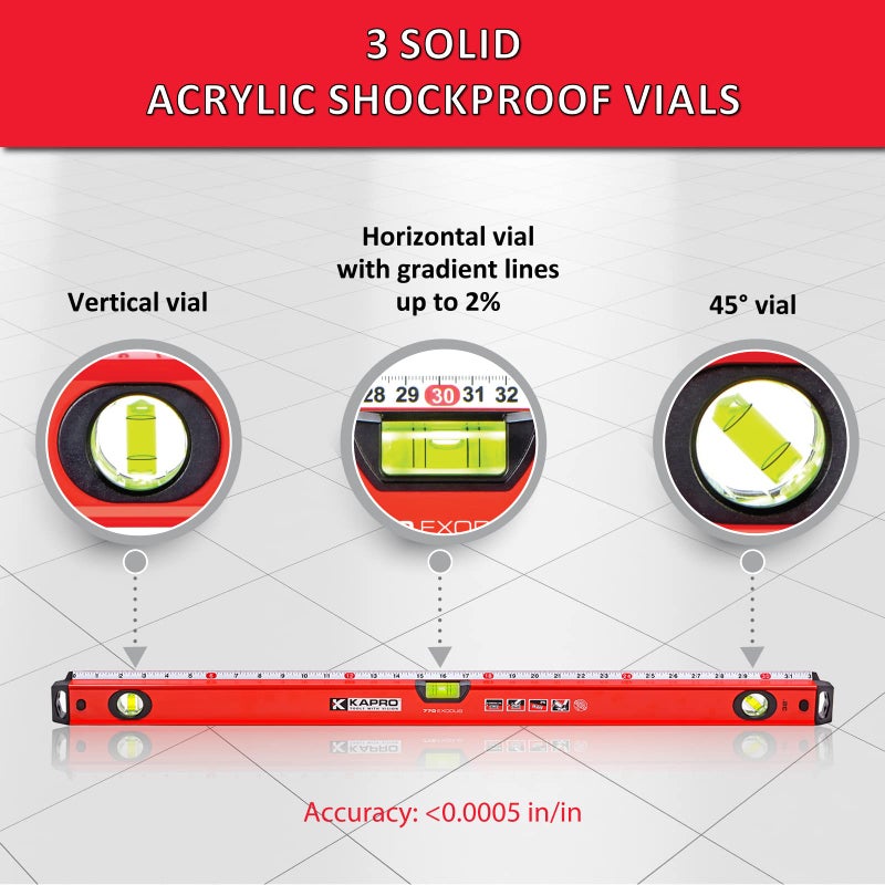 Kapro - 770 Exodus Professional Box Level - 32" - With 45Â° Vial & Ruler - For Leveling, Measuring, Marking, and Cutting - Features 3 Vials, Precise Straightedge, and Wall-Grip - Image 4